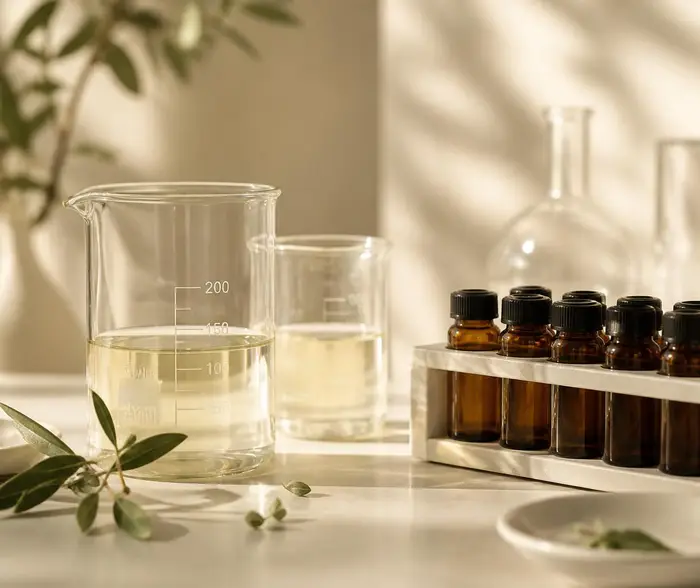 Glass beakers and a rack of amber laboratory vials in soft daylight